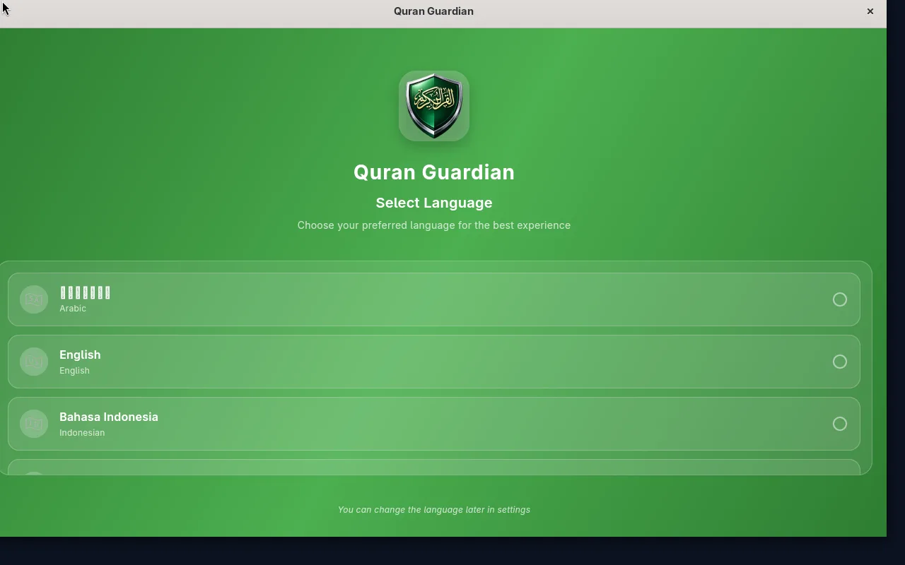 Aplikasi Quran Guardian berjalan di layar RWID/OS