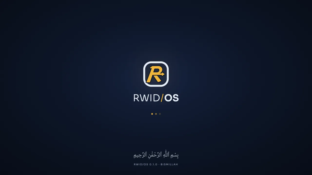 Layar boot RWID/OS dengan logo, tulisan RWID/OS, dan basmalah