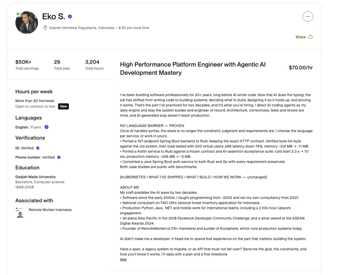 Profil Upwork Eko S.: $50K+ penghasilan, 29 pekerjaan, 3.204 jam